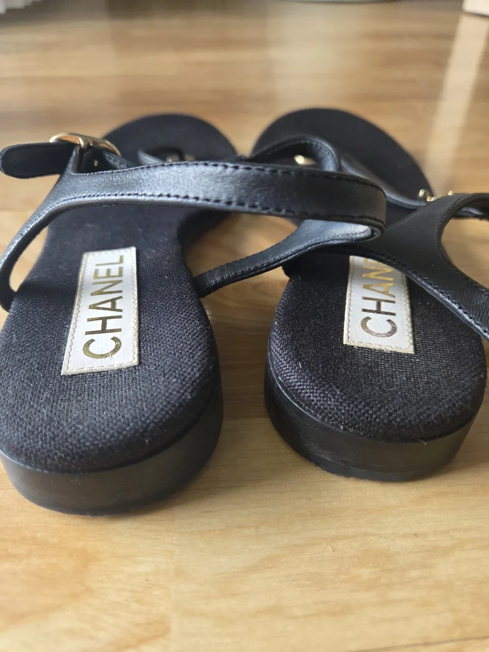 CHANEL Black Leather T-Strap Sandals with Gold CC Logo